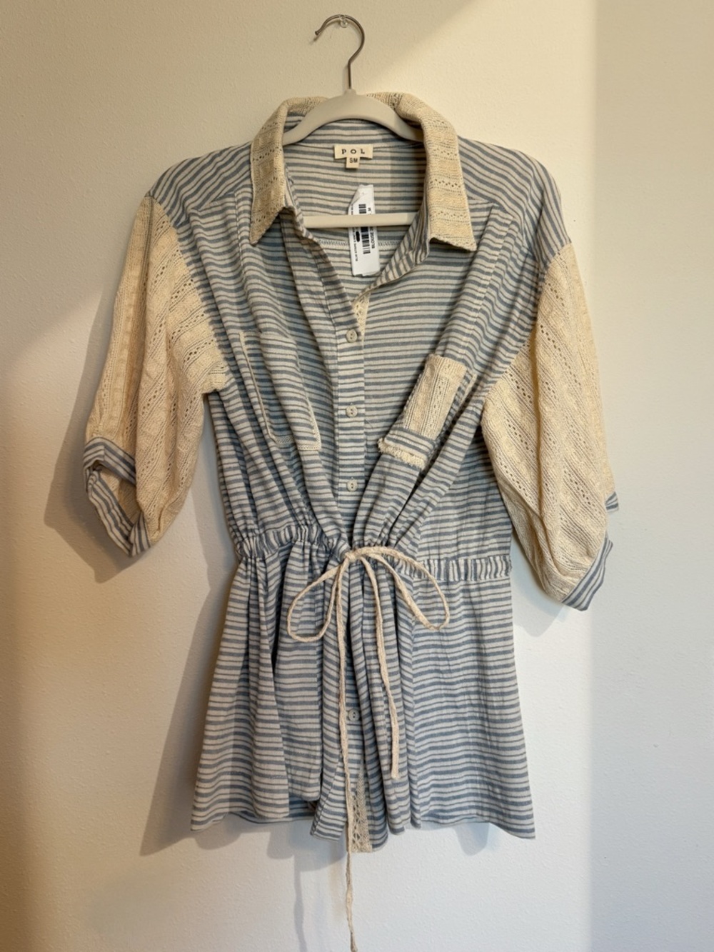 NWT POL Striped Drawstring Blouse in Blue & Cream Boho Girl Coastal Casual